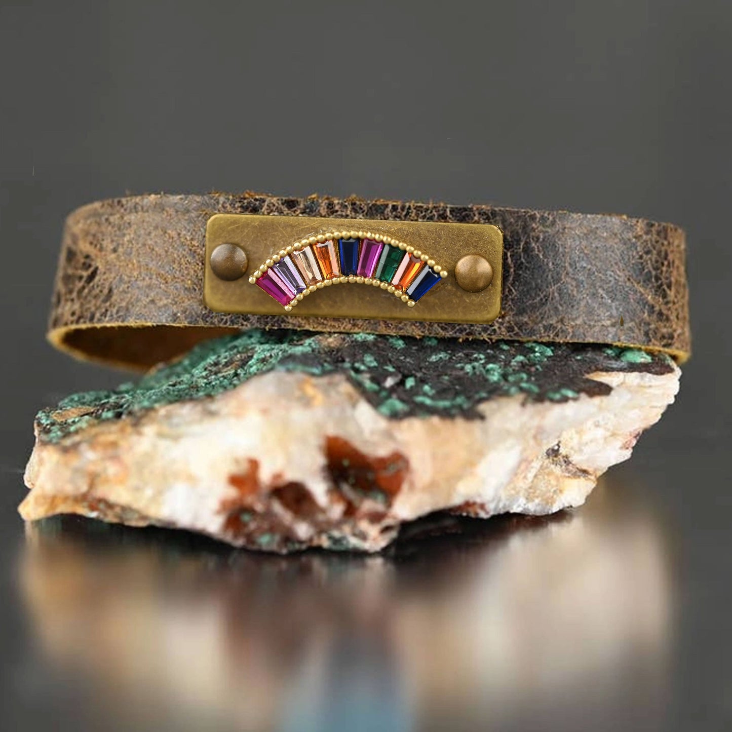 Leather Stacker Cuff w/ Brass Rainbow & Colorful Crystals