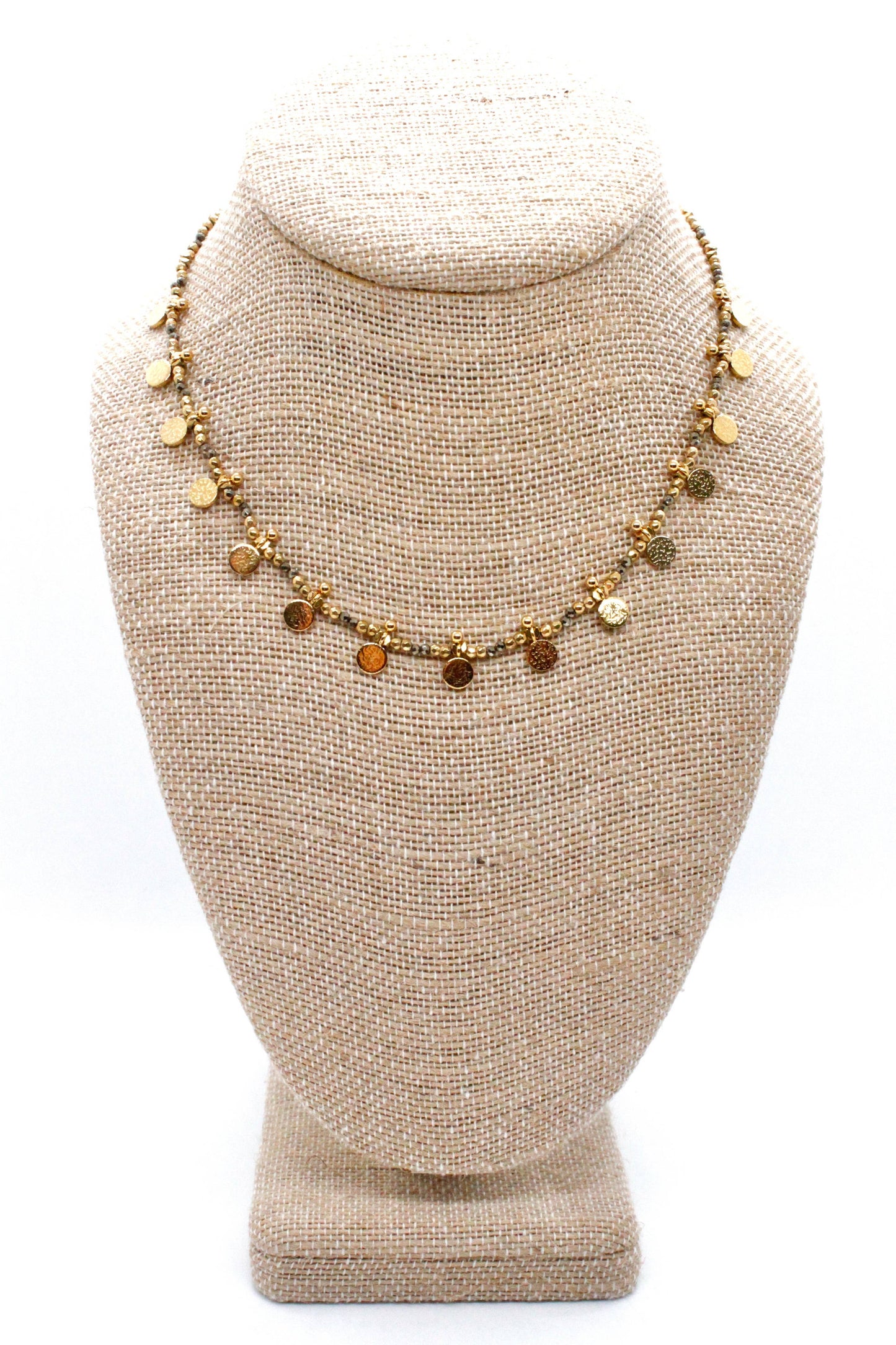 Museum Style 24K Gold Plate Short Necklace with Pyrite