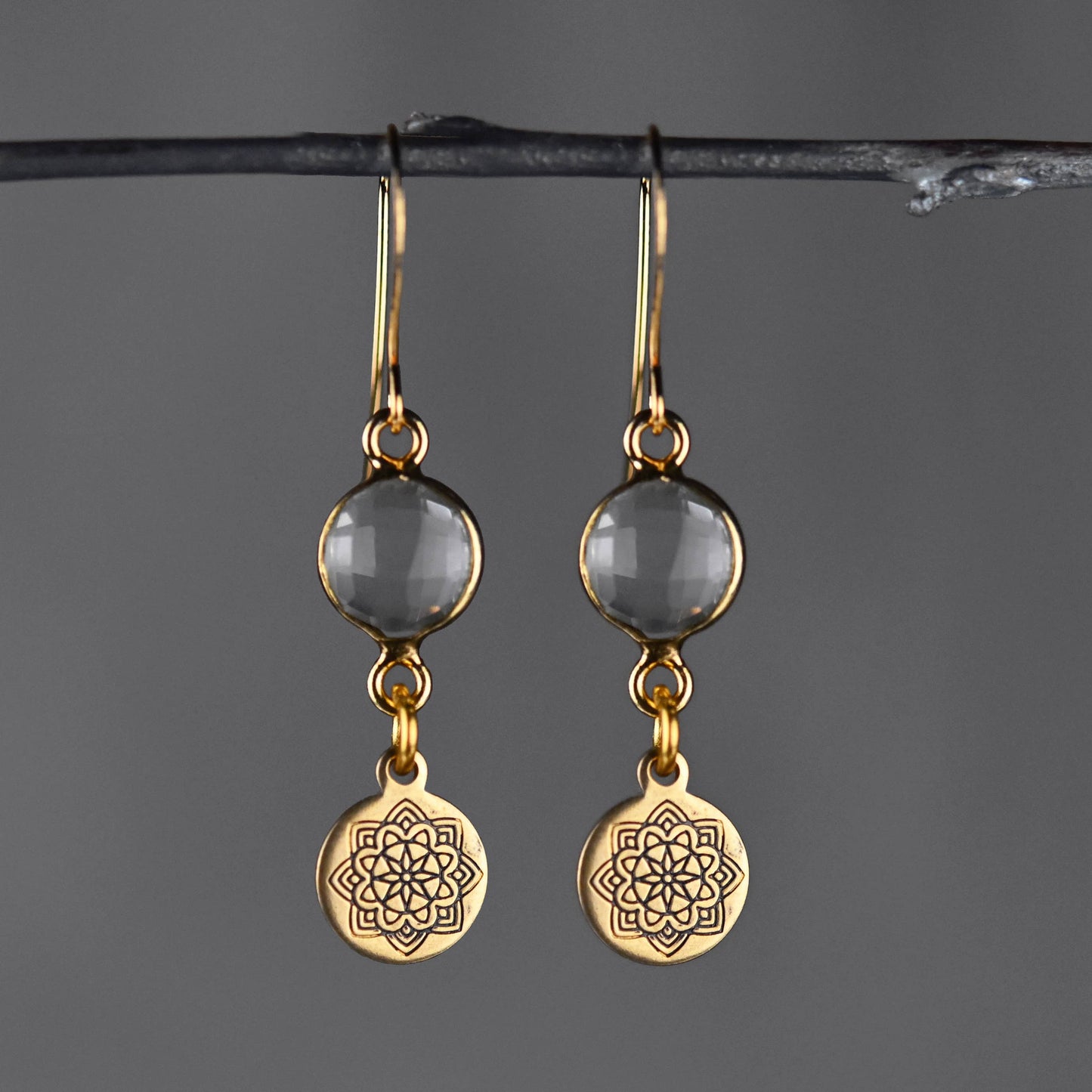 Stamped Blackened Mandala with Round Semi Precious Earrings