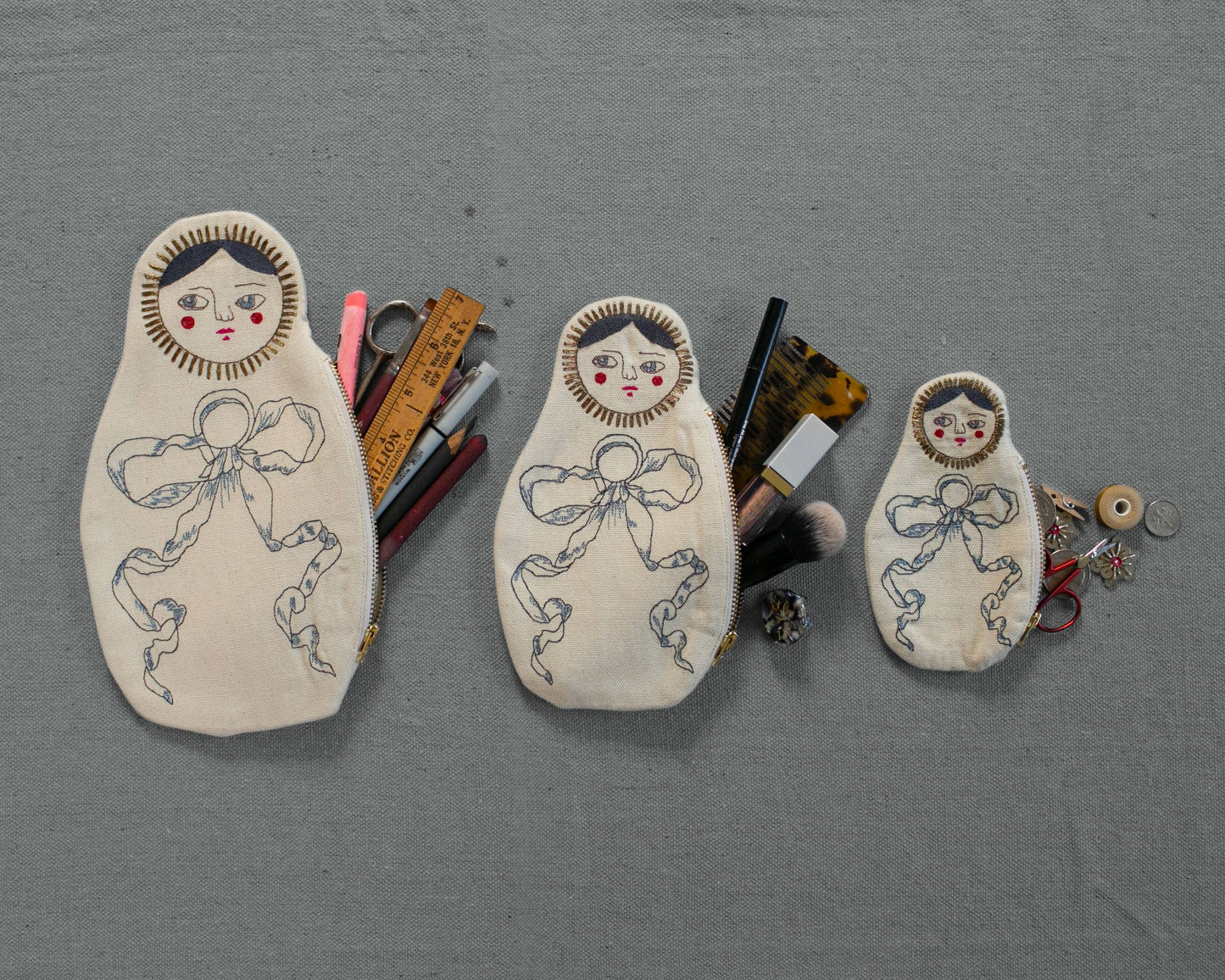 Nesting Doll Pouch Set, 3 Embroidered Zip Pouches
