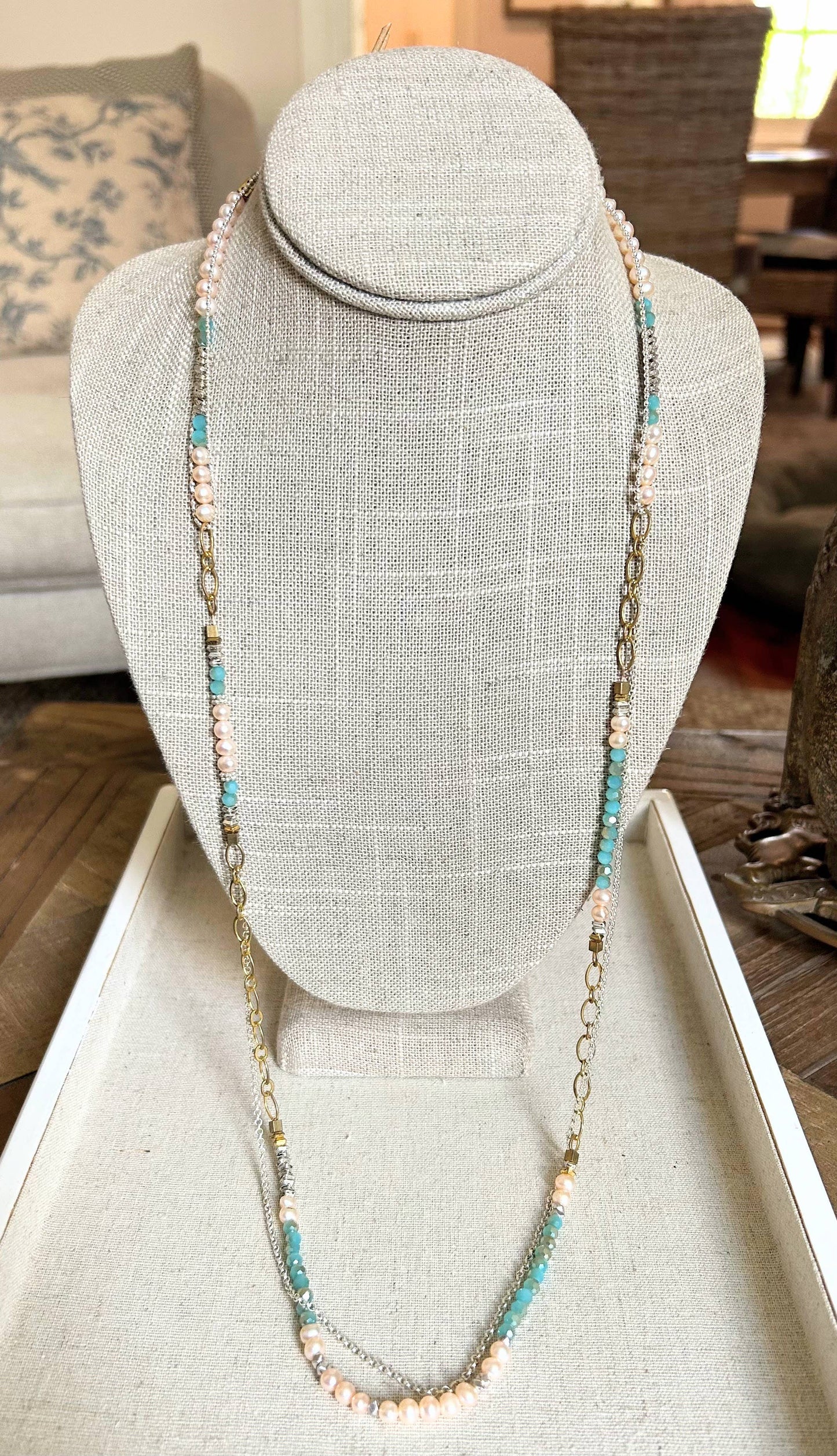 Pearl, Chain, and Crystal Necklace Wrap Bracelet