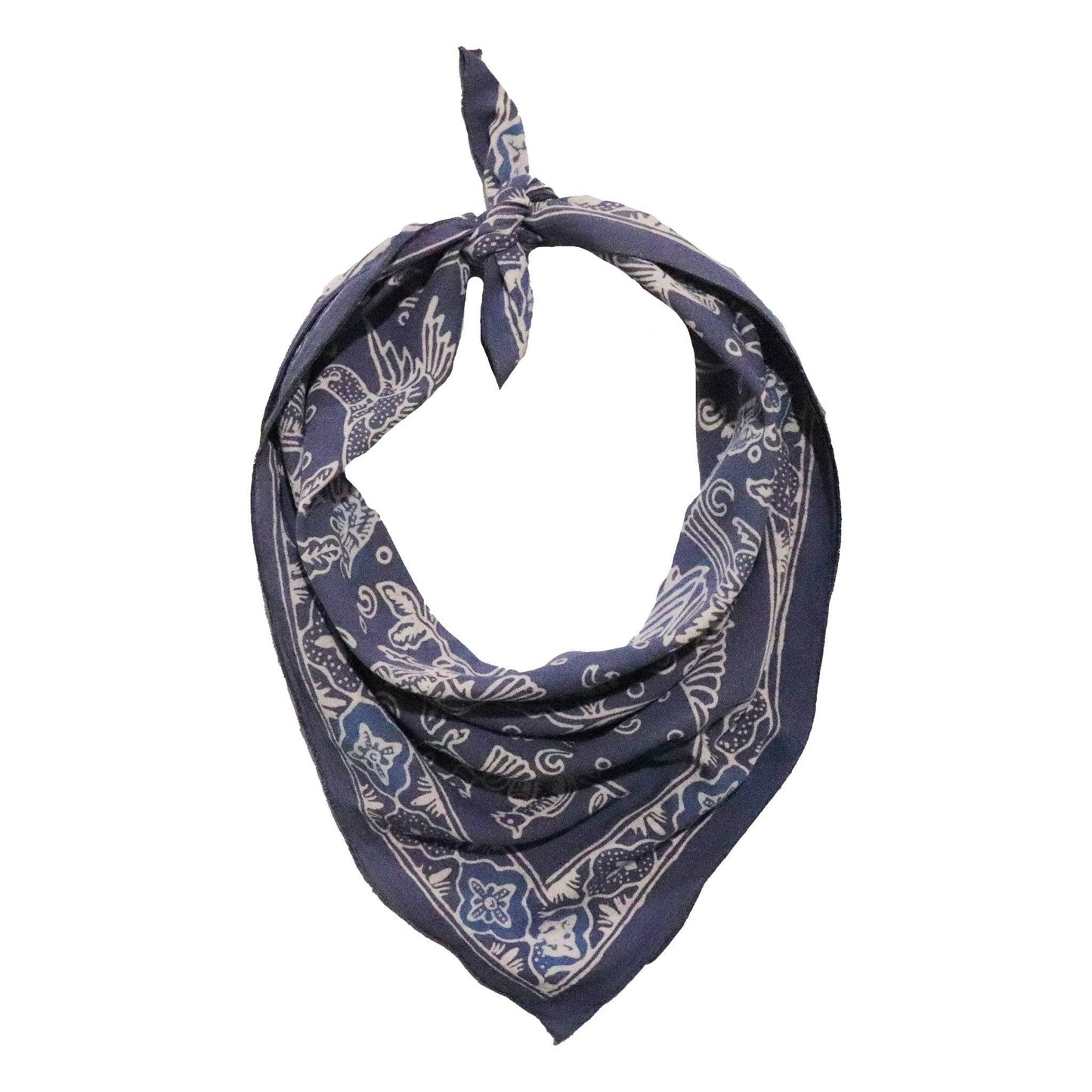 Hand Dyed Batik Bandana, 100% Soft Cotton, Bird Song, Gray, Grey, Blue