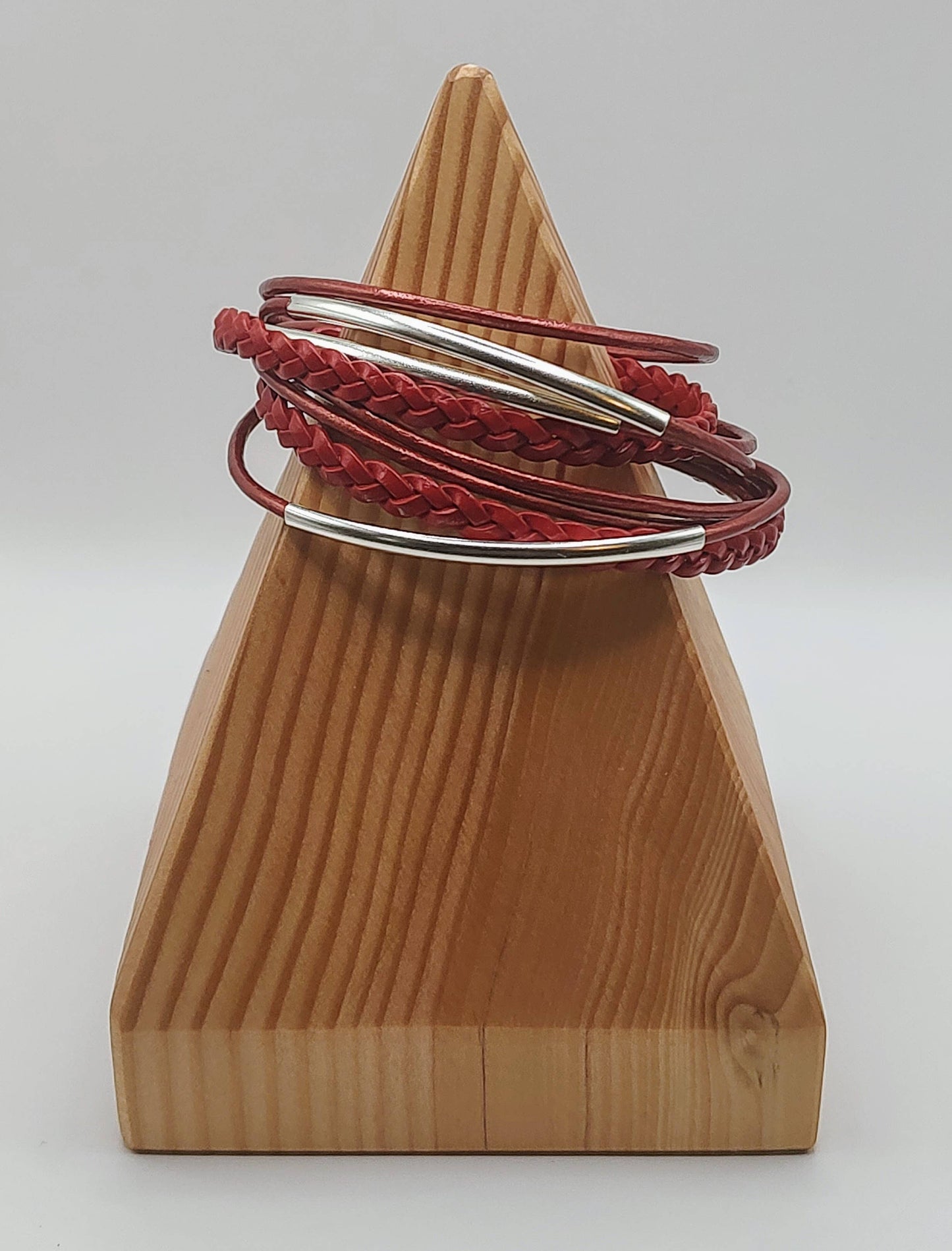 Metallic Red Braided Leather Wrap Bracelet