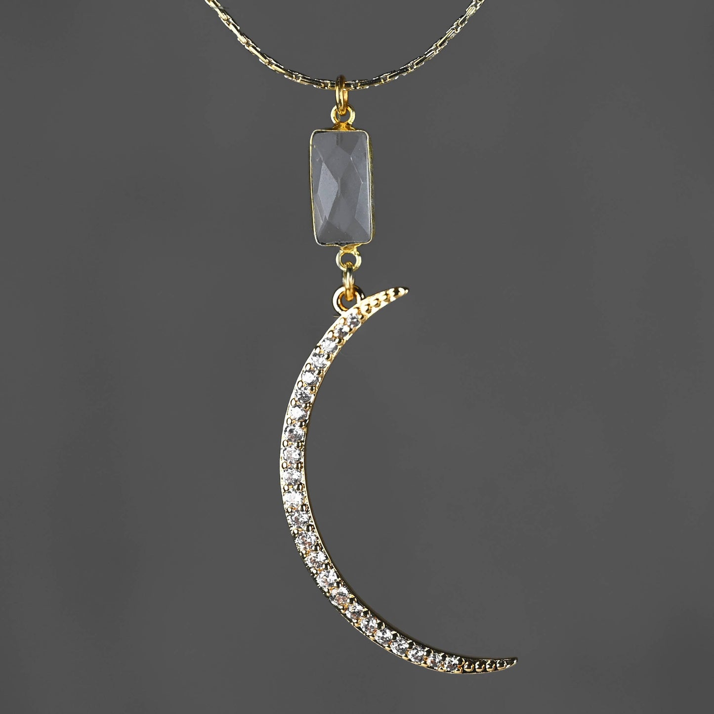 Pave Moon and Crystal Quartz Necklace
