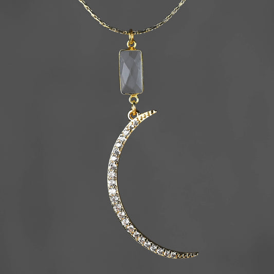 Pave Moon and Crystal Quartz Necklace