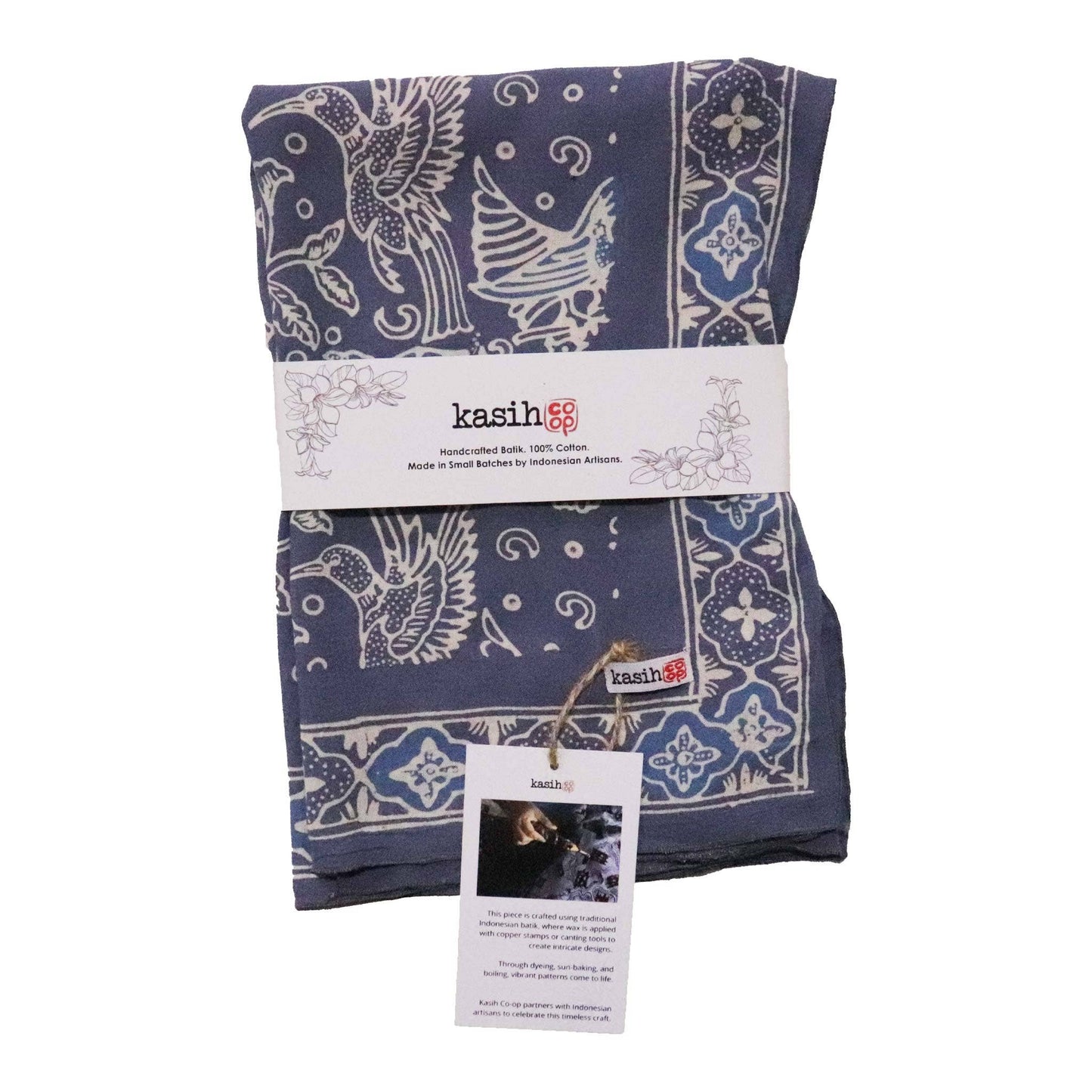 Hand Dyed Batik Bandana, 100% Soft Cotton, Bird Song, Gray, Grey, Blue