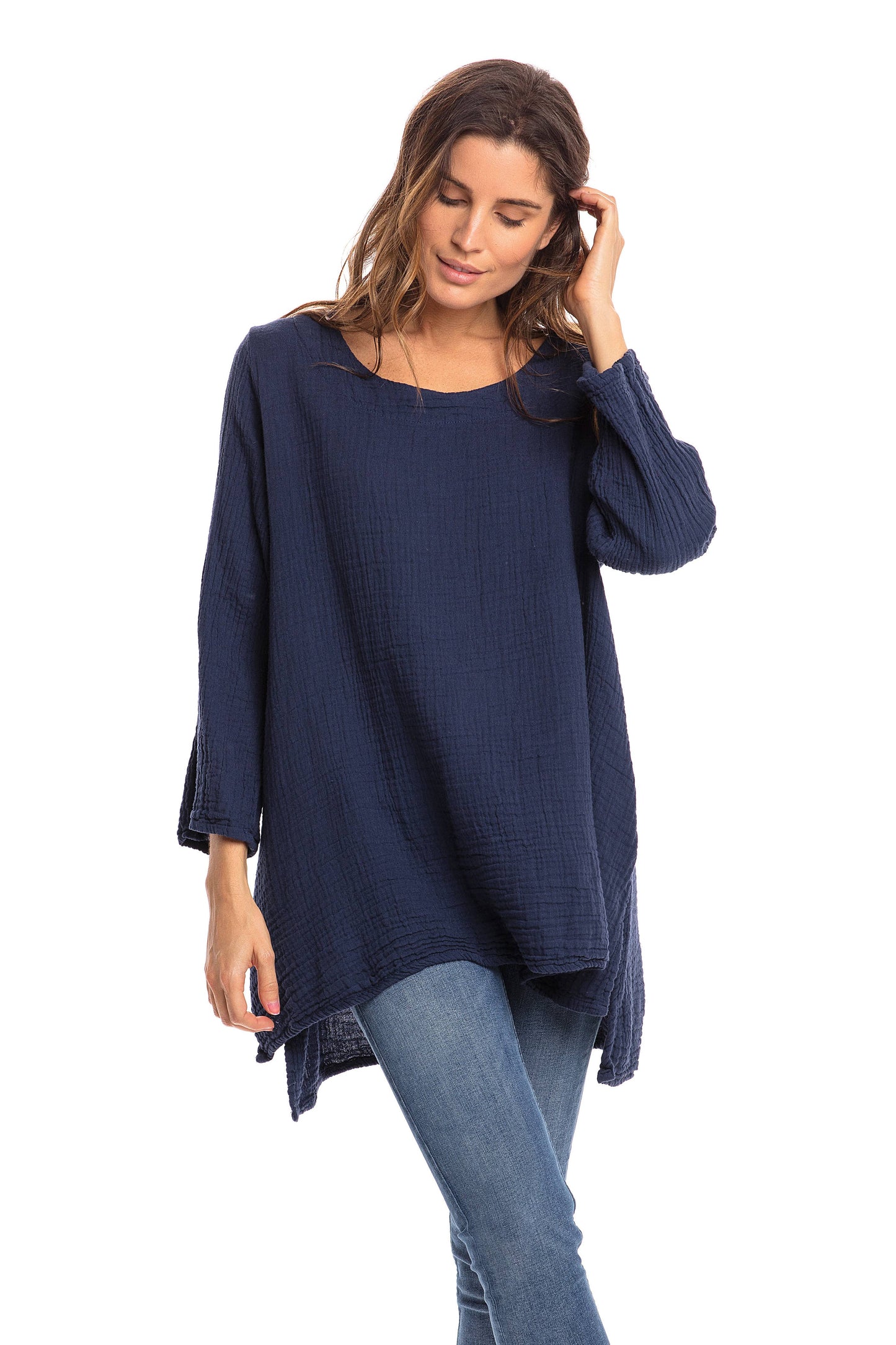 Crinkle Cotton Long Sleeve Tunic-03477 (S/M, L/X, XXL)