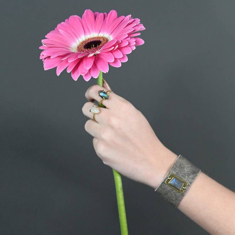 Midsize Cuff with Semi Precious Gemstone (Rose Gold Leather)