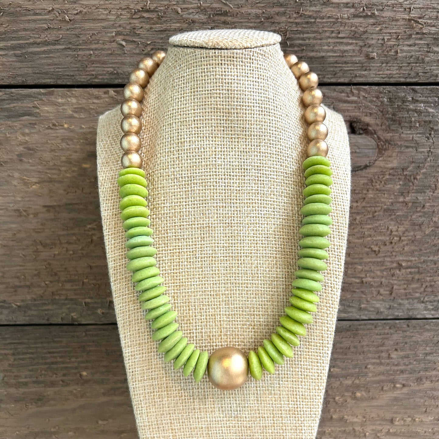Lime green and gold beaded statement necklace
