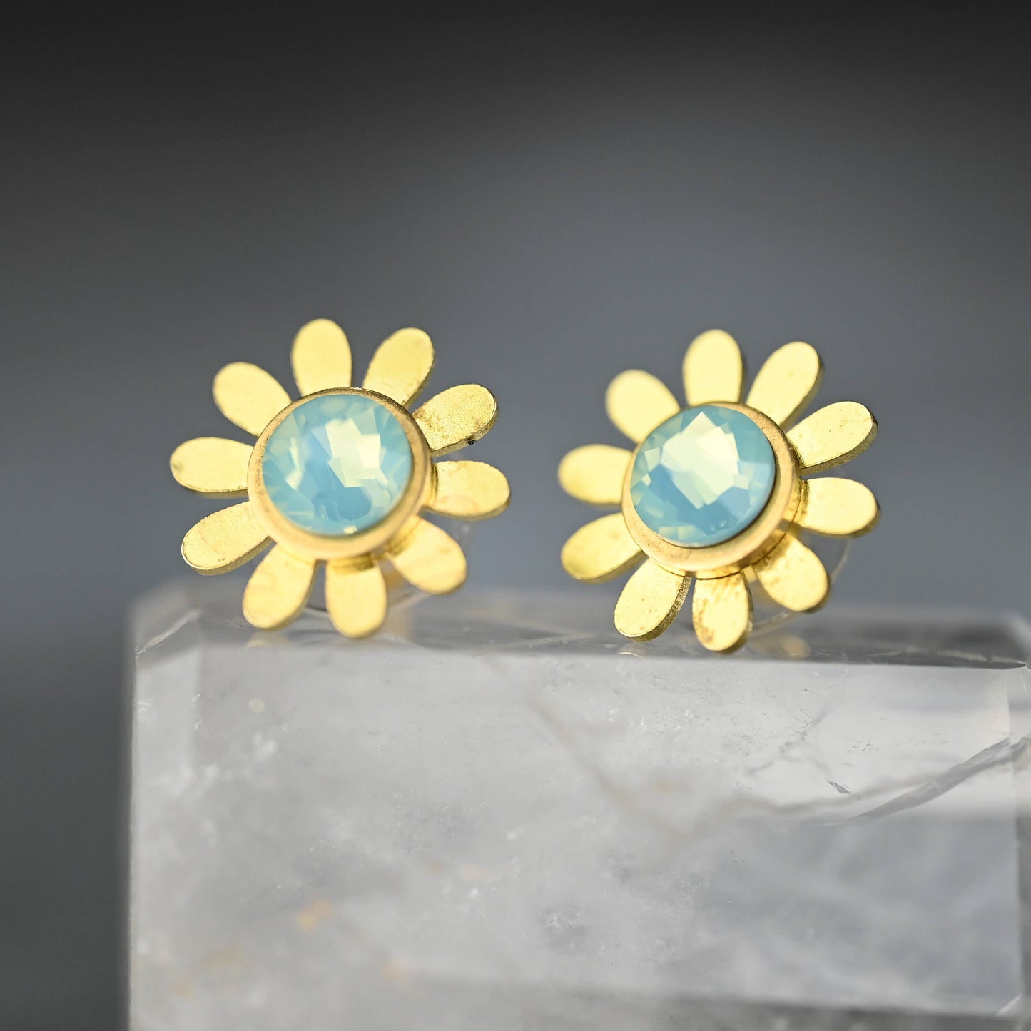 Flower & Crystal Stone Stud Earrings
