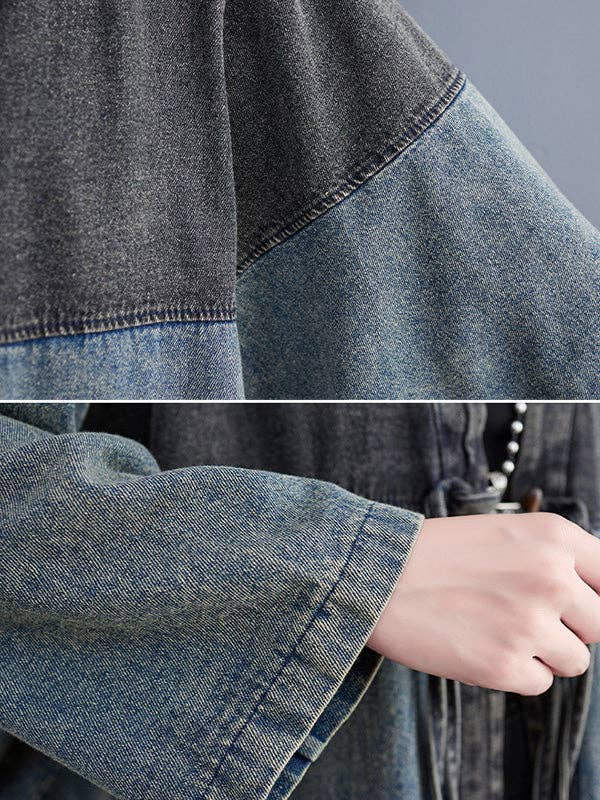 Artistic Retro Denim Long Sleeves Loose Tied Split-Joint Trench Outerwear