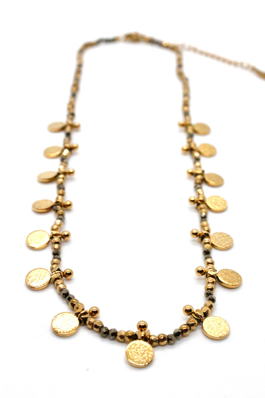 Museum Style 24K Gold Plate Short Necklace with Pyrite