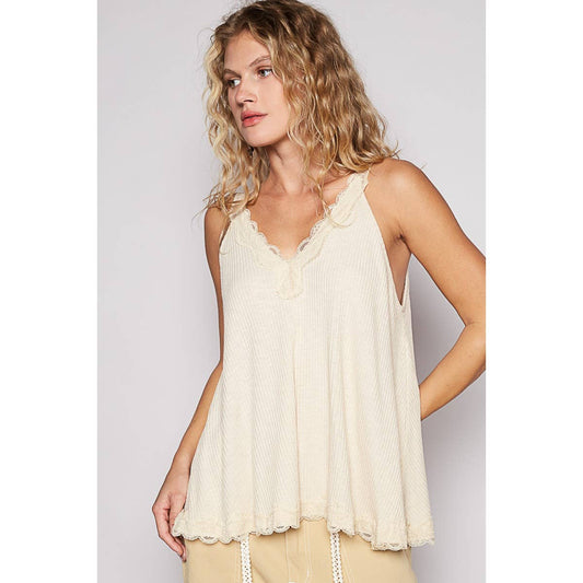 V-neck sleevleess lace trim solid tank top