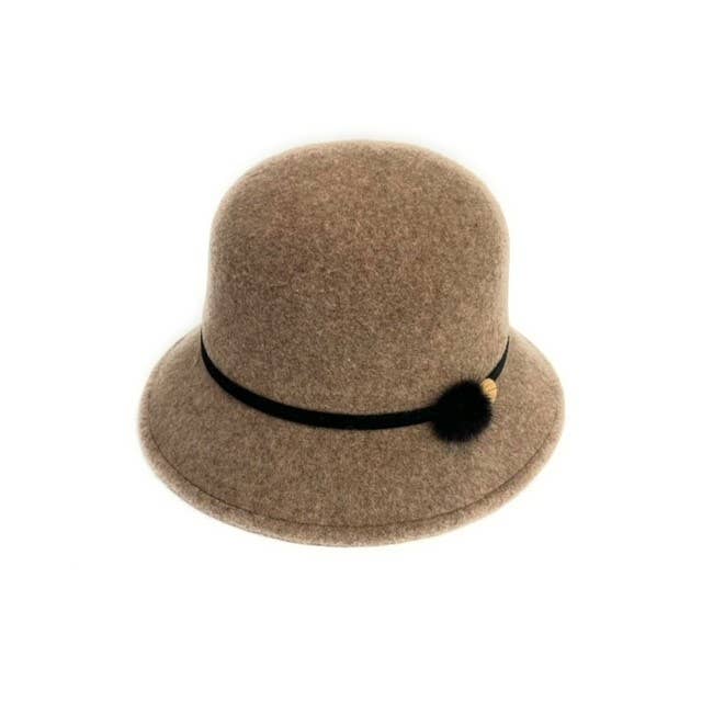 23S-0826 Wool Felt Cloche Hat with Fur/Button Accent