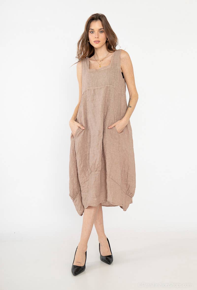 322 Solid women's linen dress with pocket