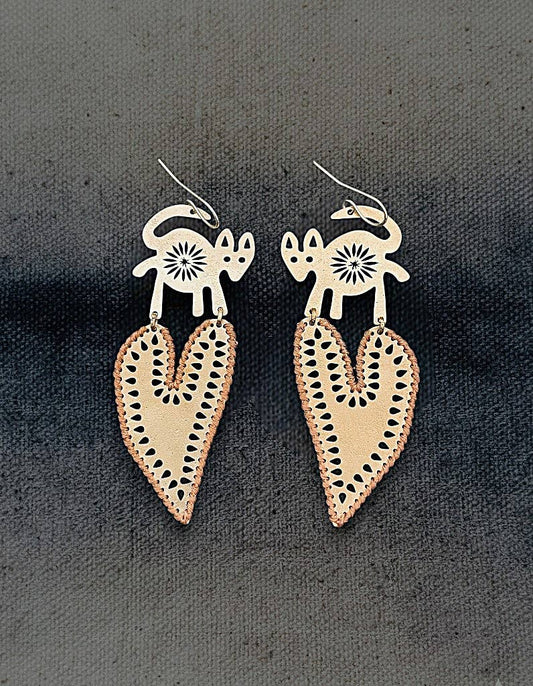 Handmade brass fox heart earrings, symbolic bohemian jewelry