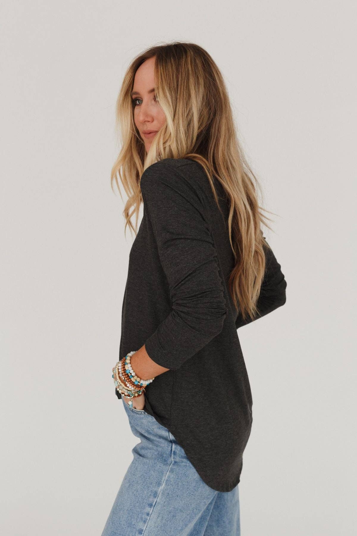 Ryder Long Sleeve Bralette Tee - Charcoal