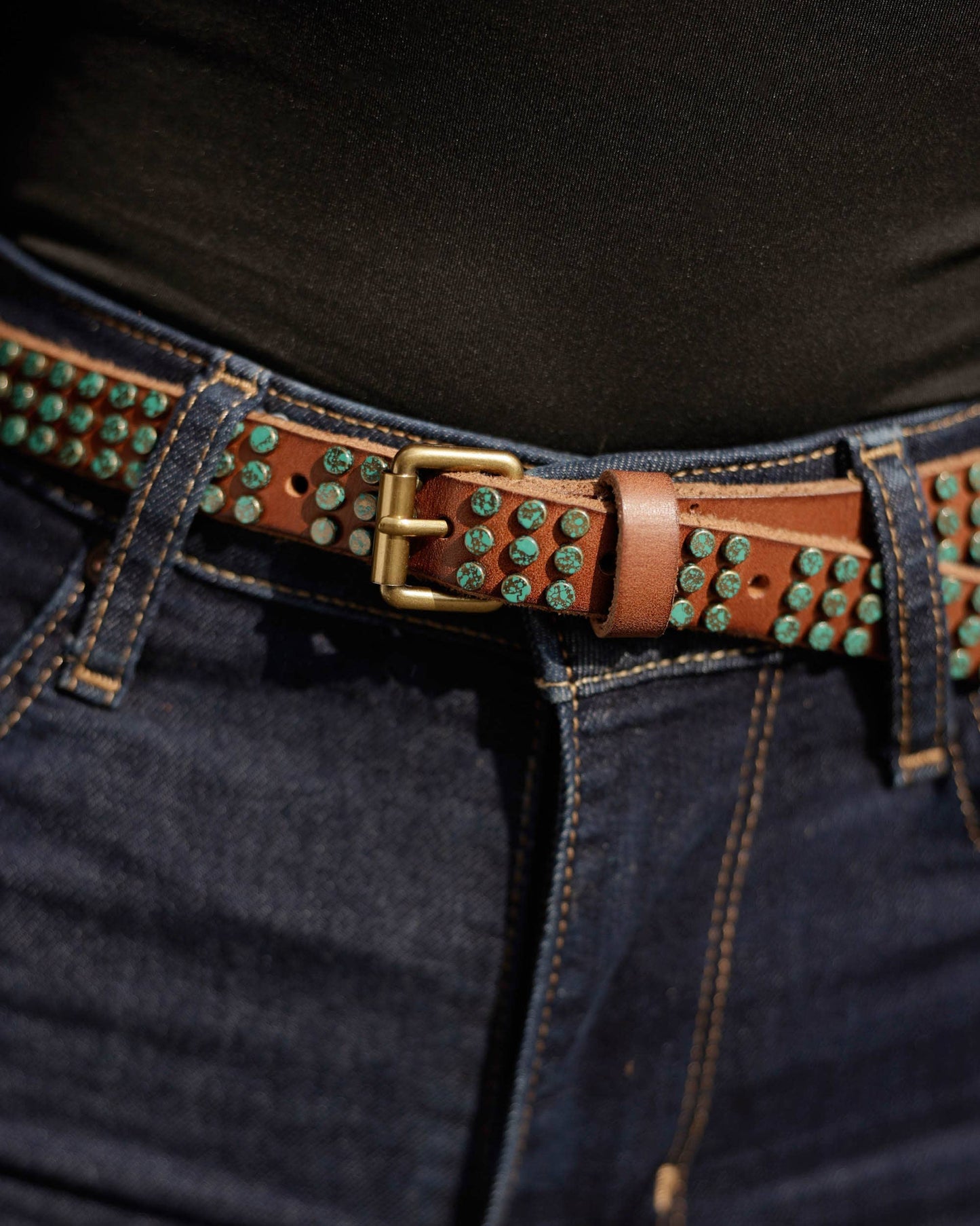 Azra | Leather Belt with Turquoise Patina Studs