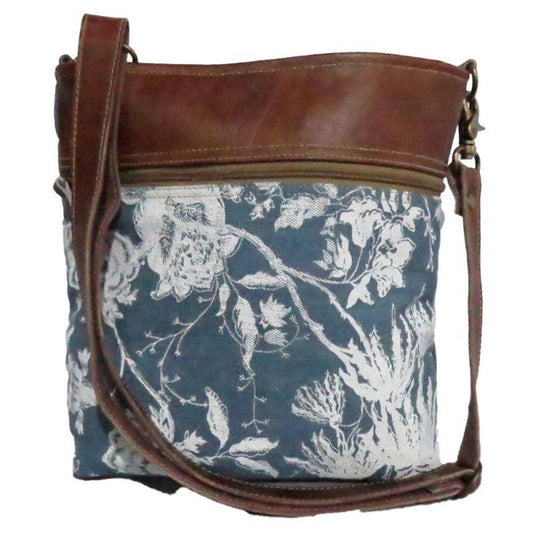 UPPER LEATHER TRIM WITH BLUE CANVAS & FLOWERS BAG