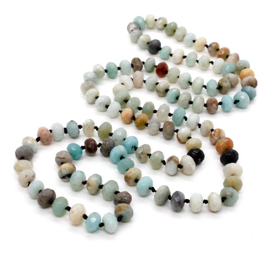 Hand-Knotted Long Faceted Amazonite Rondelle Bead Necklace - NL-AZ1