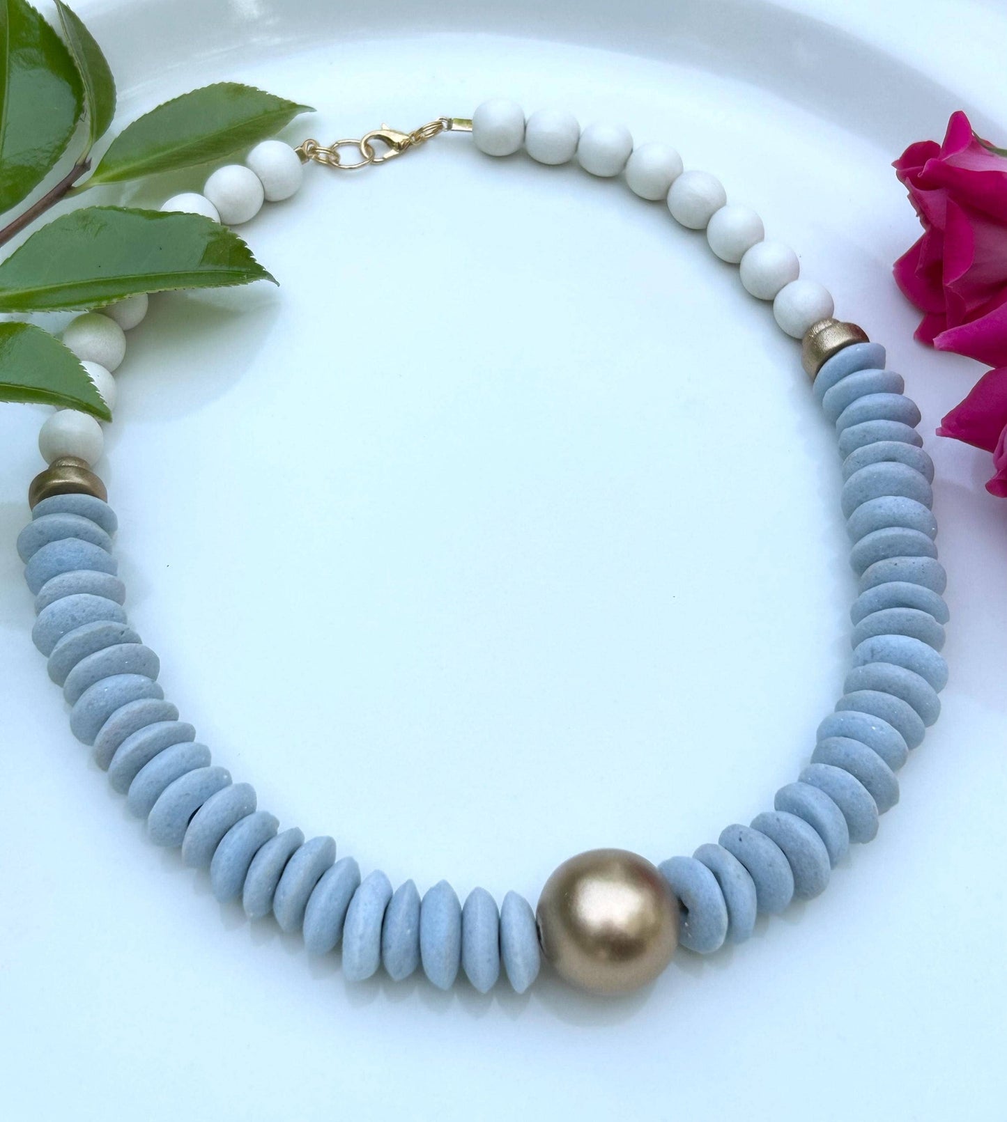 Baby blue and white beaded statement necklace UNC game day