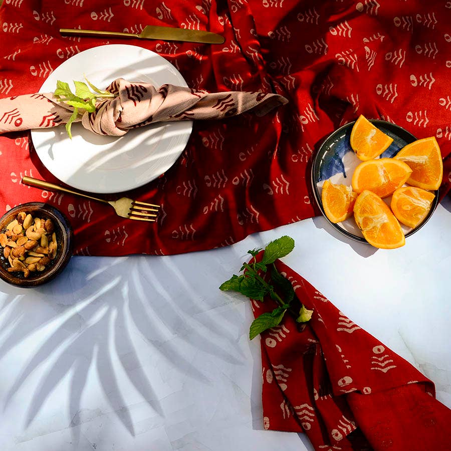 Red Block Print Hand Woven Cotton Table Runner | Genda Phool