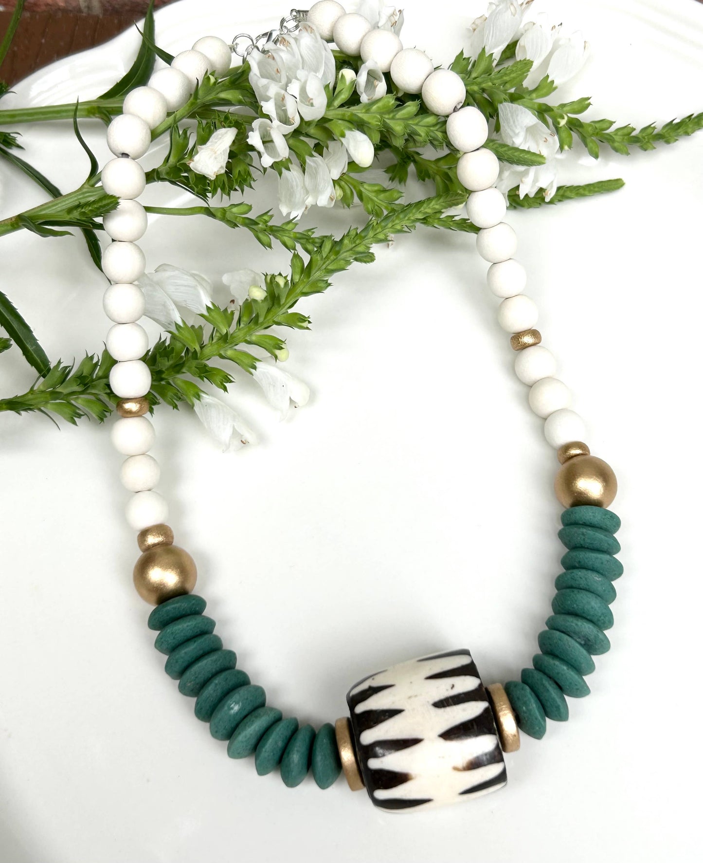 Green beaded statement game day necklace 