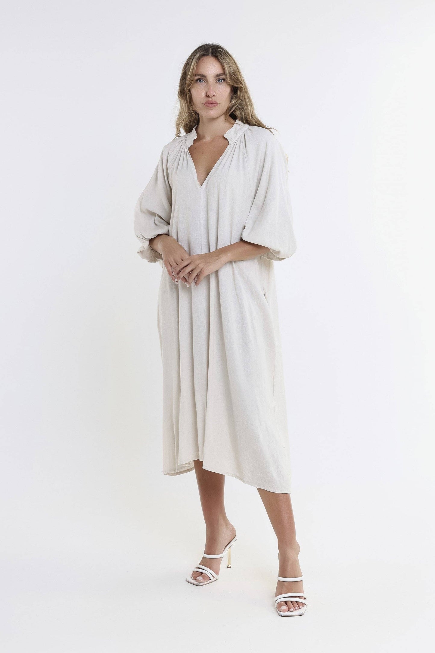 Katrina Blouson Sleeve Linen Dress (DLS103)