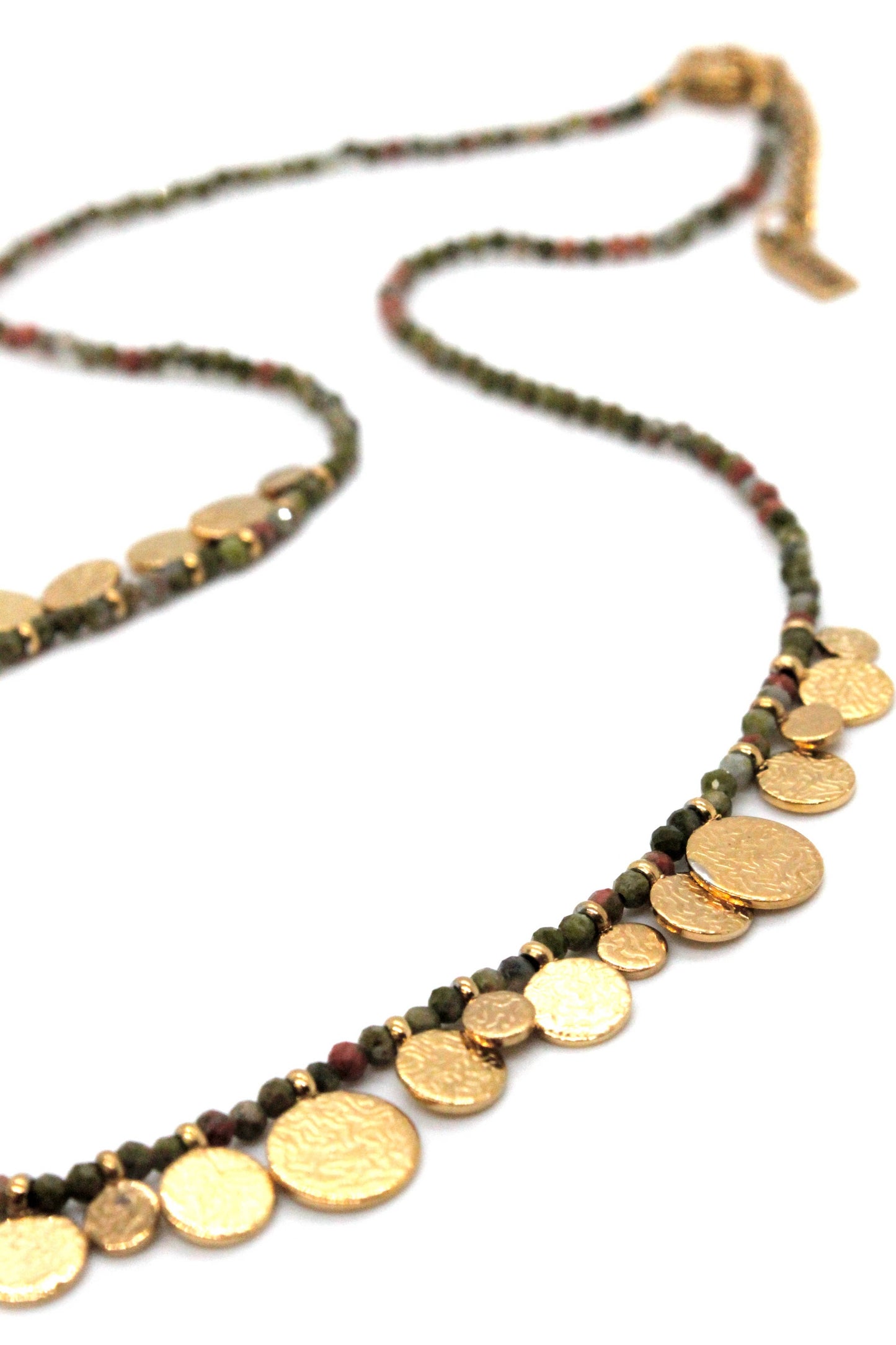 Short Mini Gold Disc Charm Unakite Necklace - N2-2612U