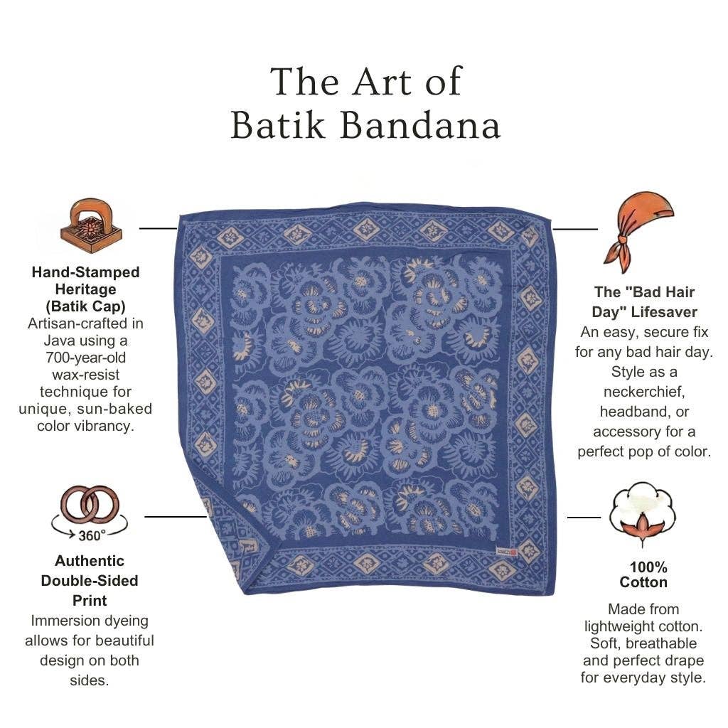 Batik Bandana Blue Roses, Lightweight 100% cotton, Hand Dyed Hand Painted