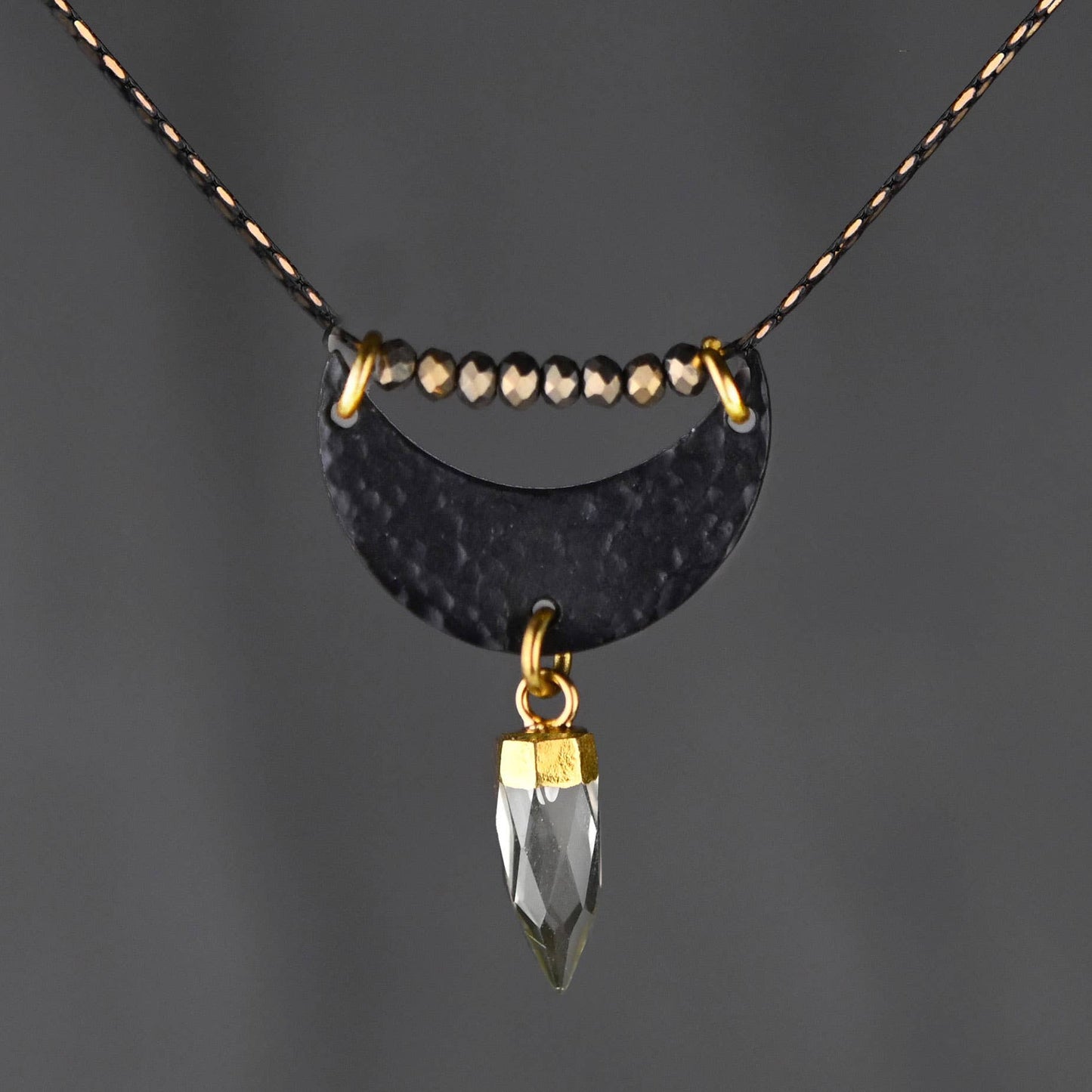 Black Hammered Moon w/ Crystals & Crystal Point Necklace