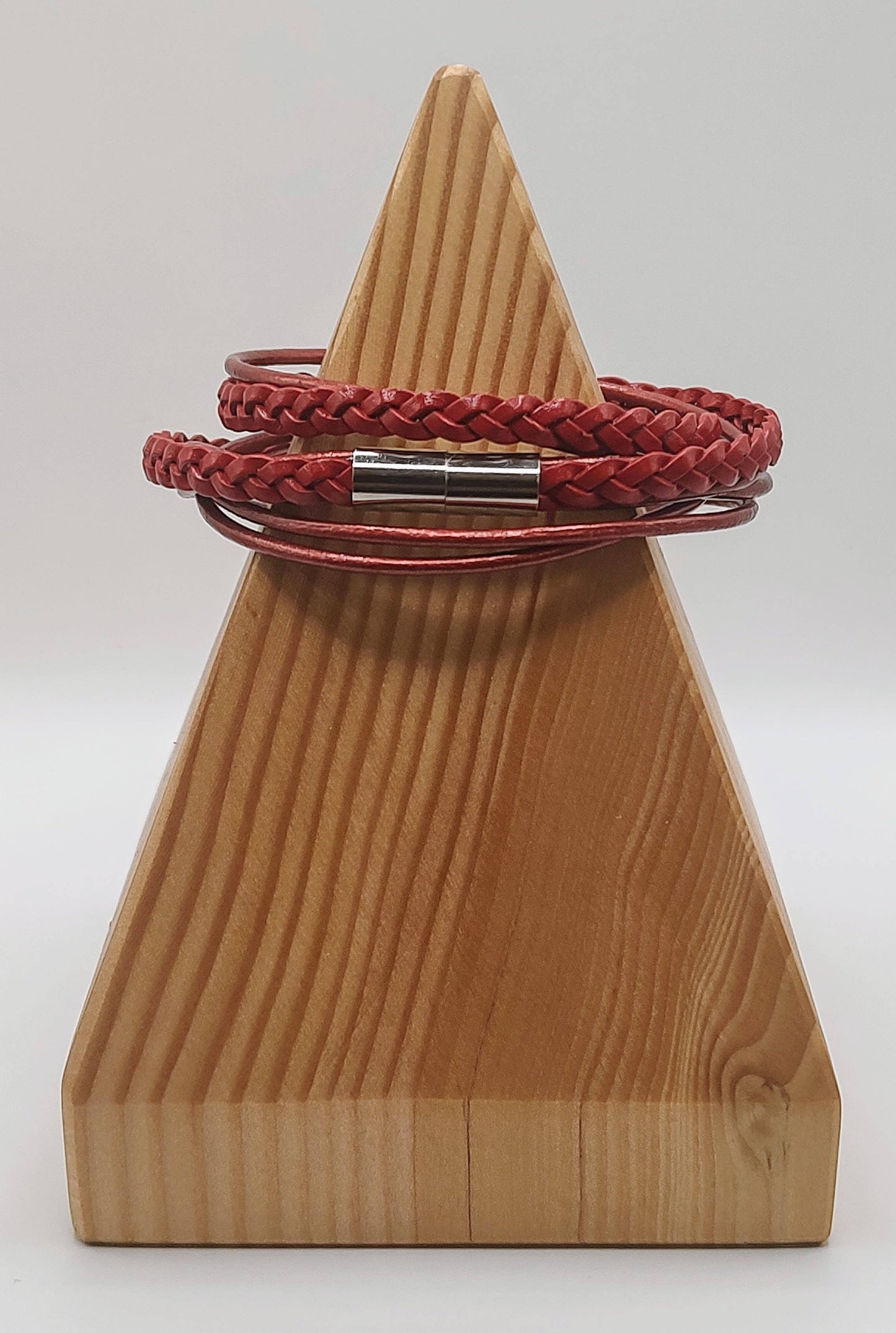Metallic Red Braided Leather Wrap Bracelet