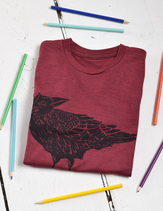 Kid's Organic Crow T-Shirt in Maroon - Super Soft - Bird Tee