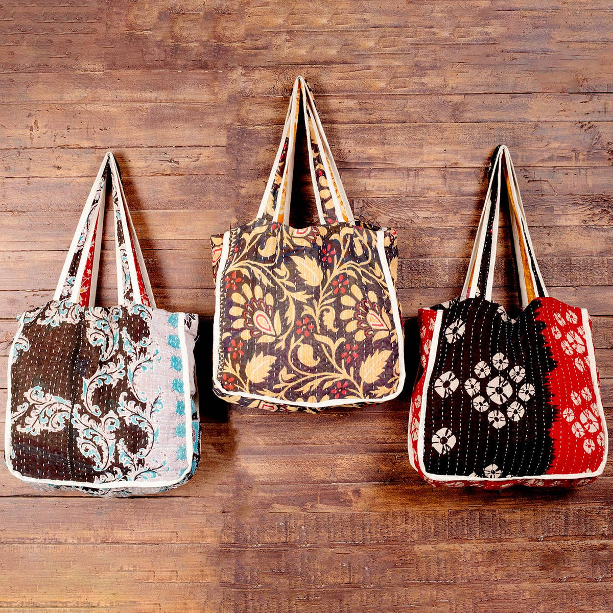 Black Kantha Market Tote Bags