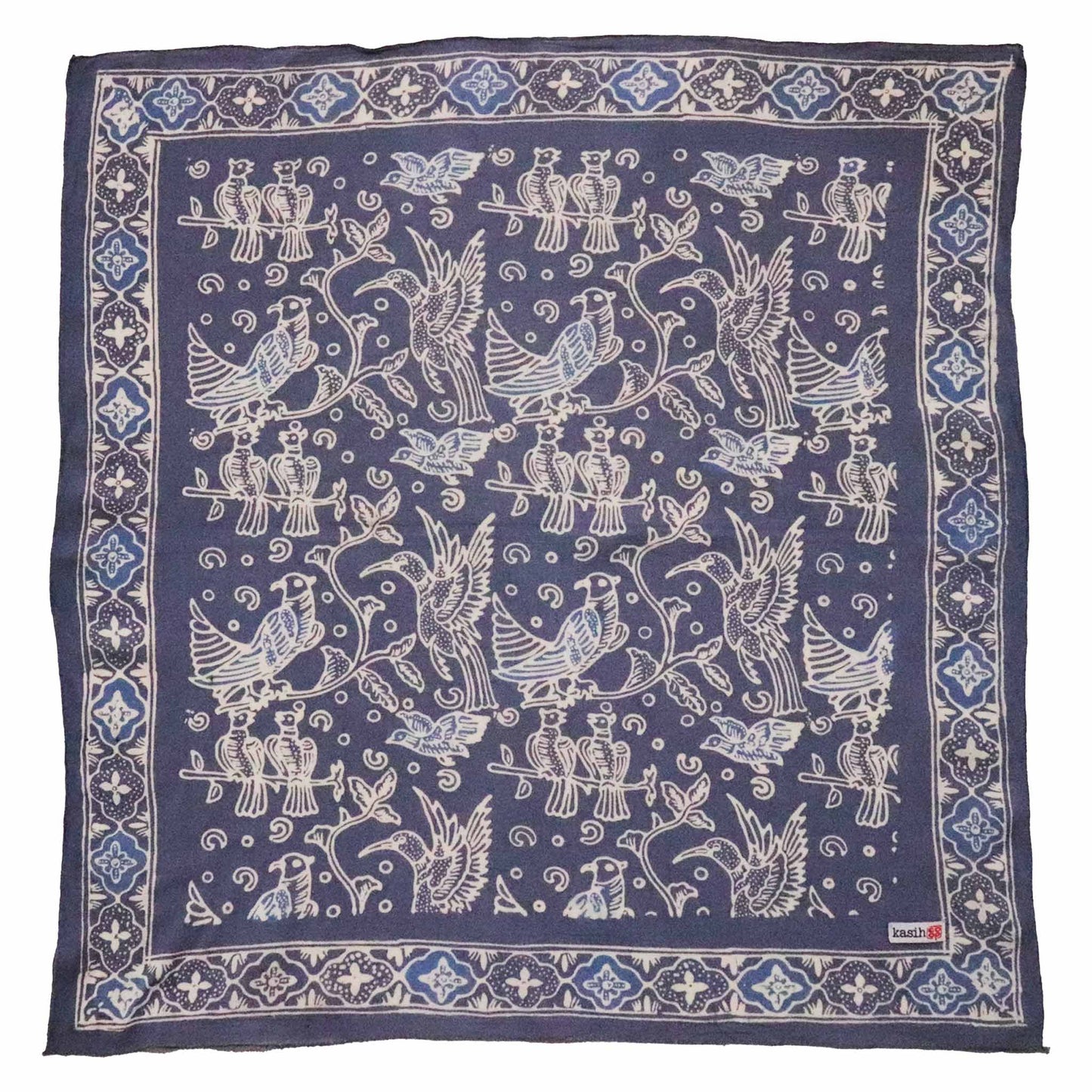 Hand Dyed Batik Bandana, 100% Soft Cotton, Bird Song, Gray, Grey, Blue