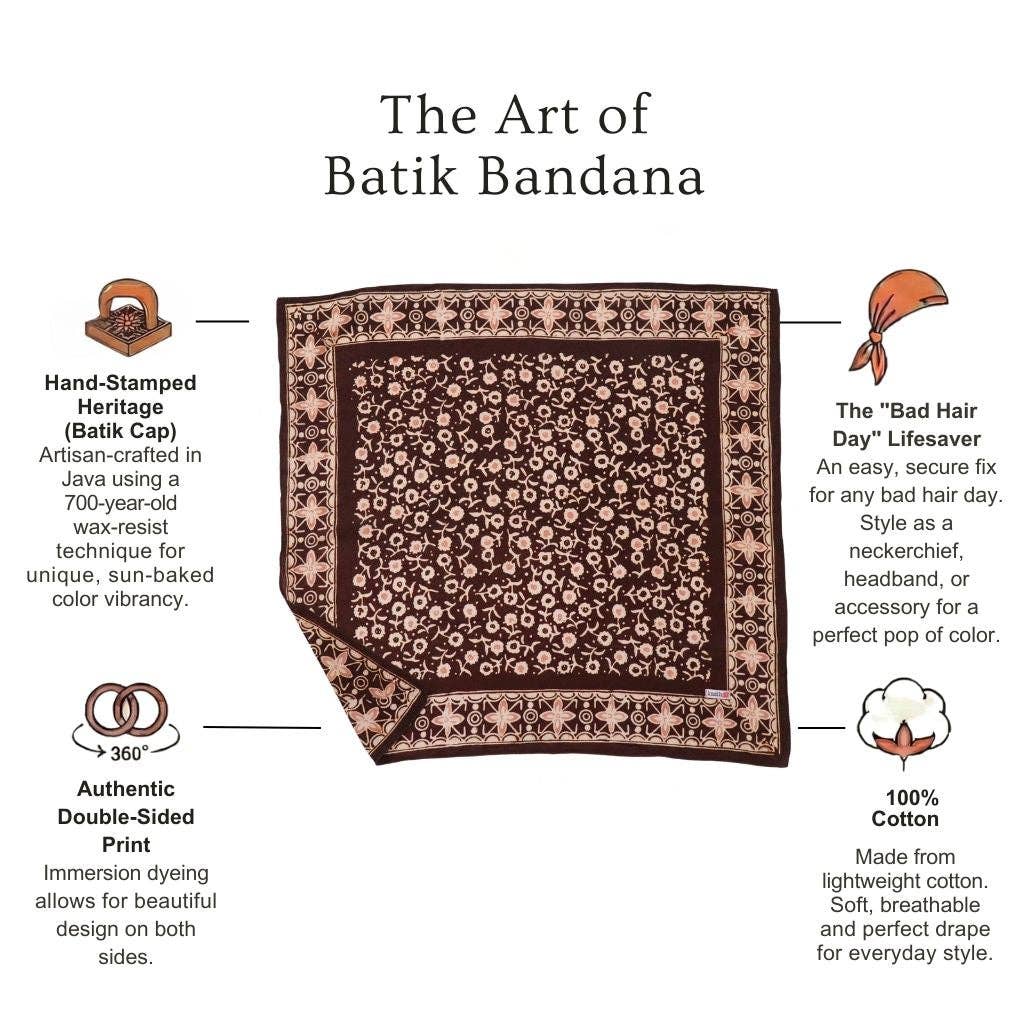 Hand Dyed Batik Bandana, 100% Soft Cotton, Java Petals, Brown, Mocha