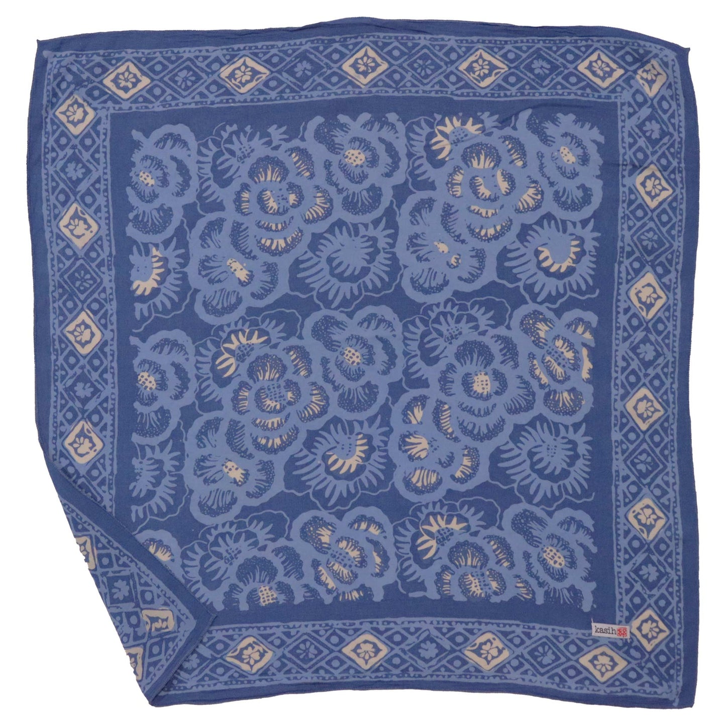Batik Bandana Blue Roses, Lightweight 100% cotton, Hand Dyed Hand Painted