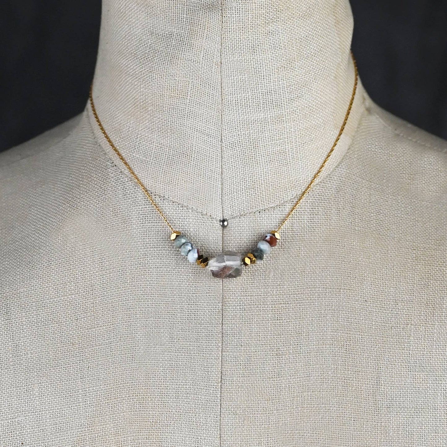 Faceted Herkimer Diamond With Larimar Stones Necklace