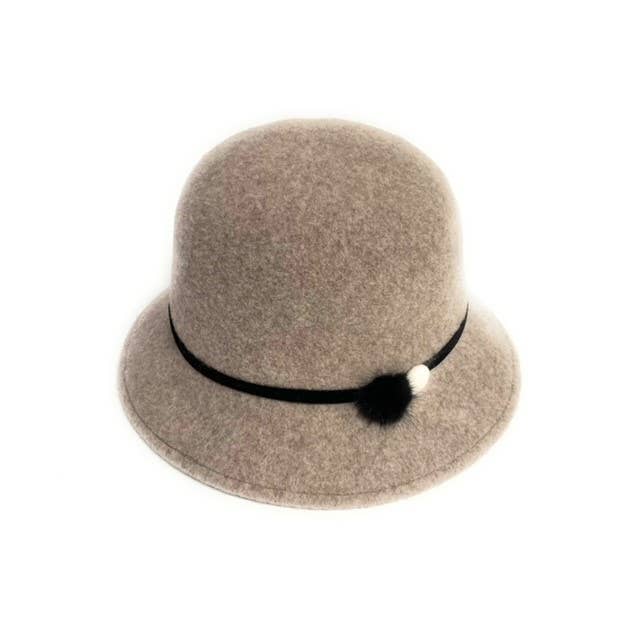 23S-0826 Wool Felt Cloche Hat with Fur/Button Accent