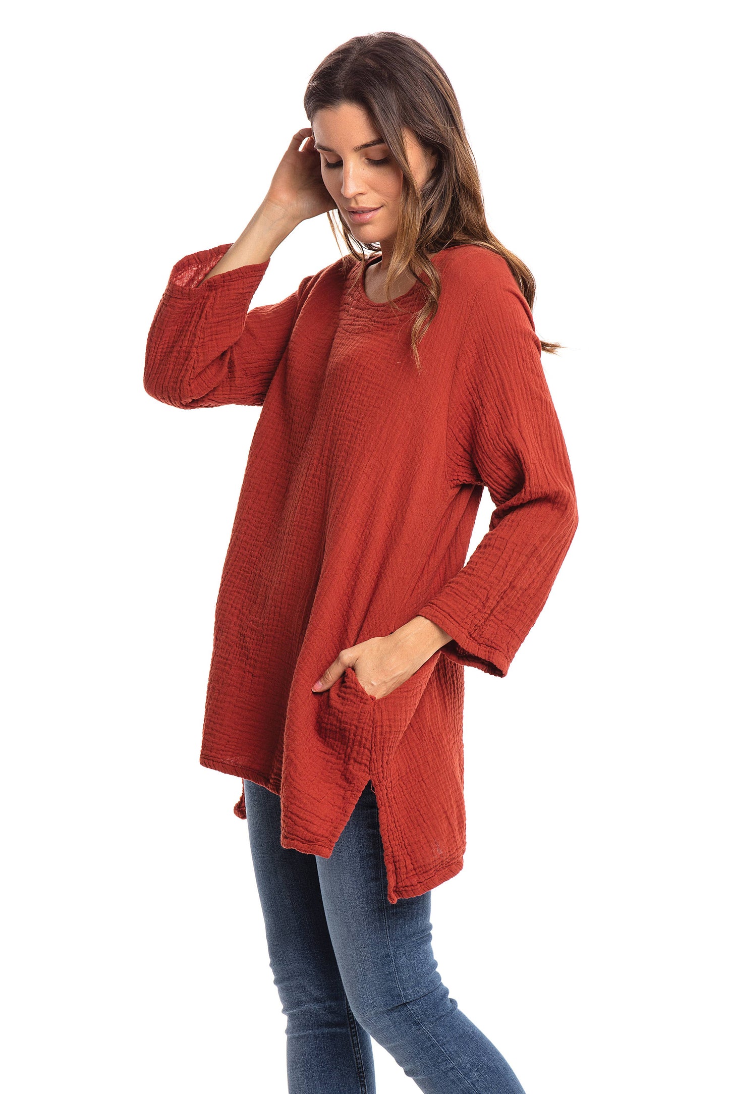 Crinkle Cotton Long Sleeve Tunic-03477 (S/M, L/X, XXL)