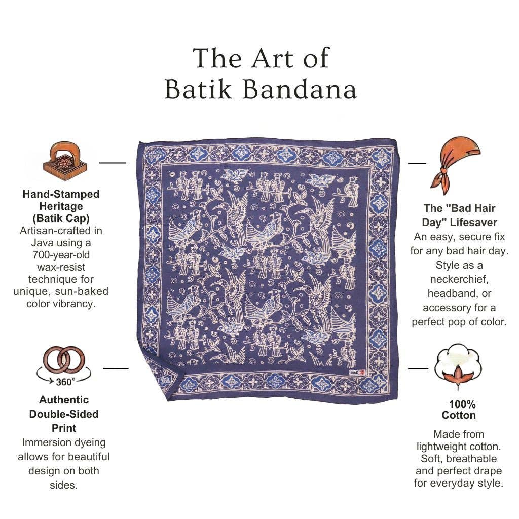 Hand Dyed Batik Bandana, 100% Soft Cotton, Bird Song, Gray, Grey, Blue