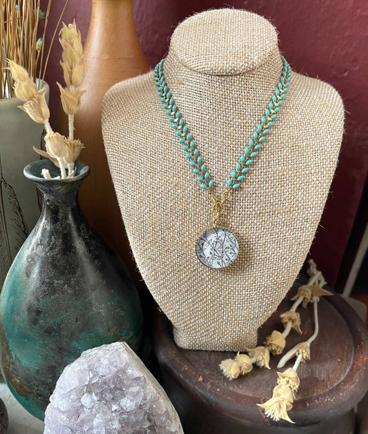 Chevron Baby Blue necklace - gold, b&w botanical pendant