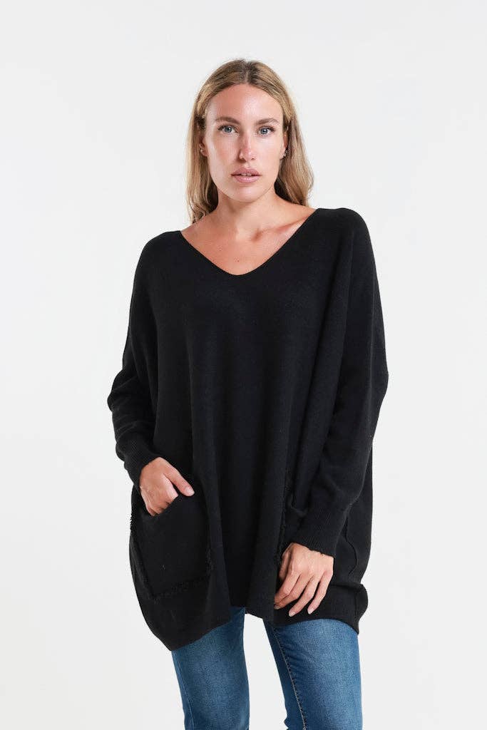 Shannon LS Oversize Fringe Pocket Sweater (BLS433)
