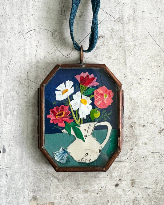 Zinnia & Shell ~ Art Locket Floral Vintage Decor Handmade