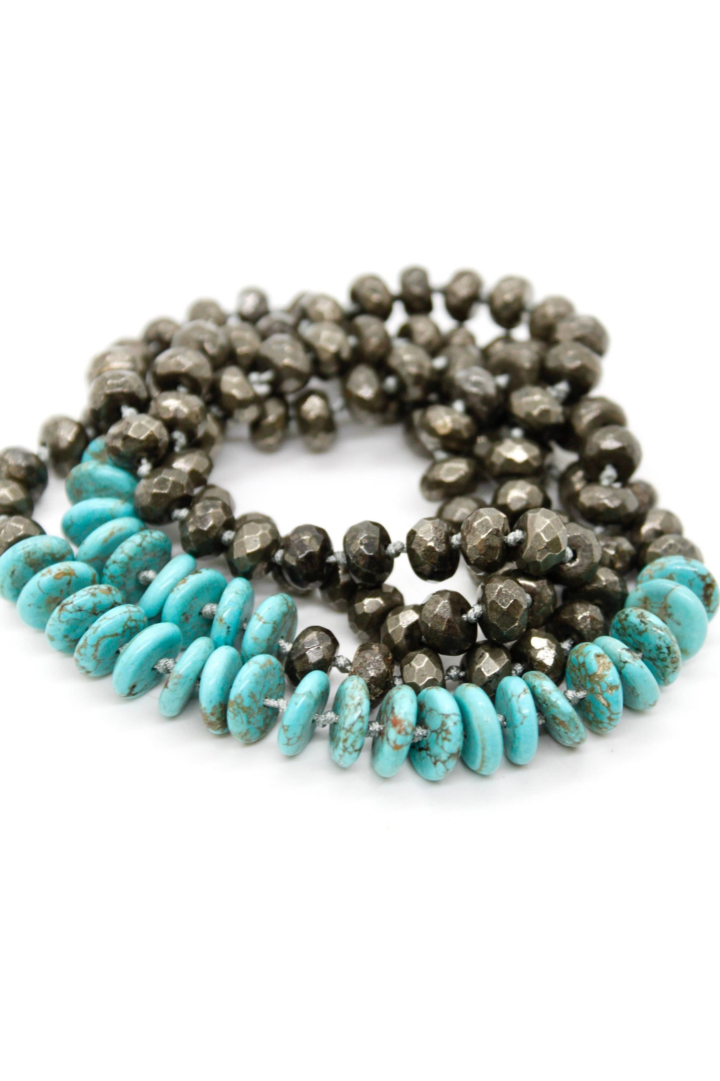 Hand-Knotted Thin Turquoise and Pyrite Beaded Necklace - NL-PYT