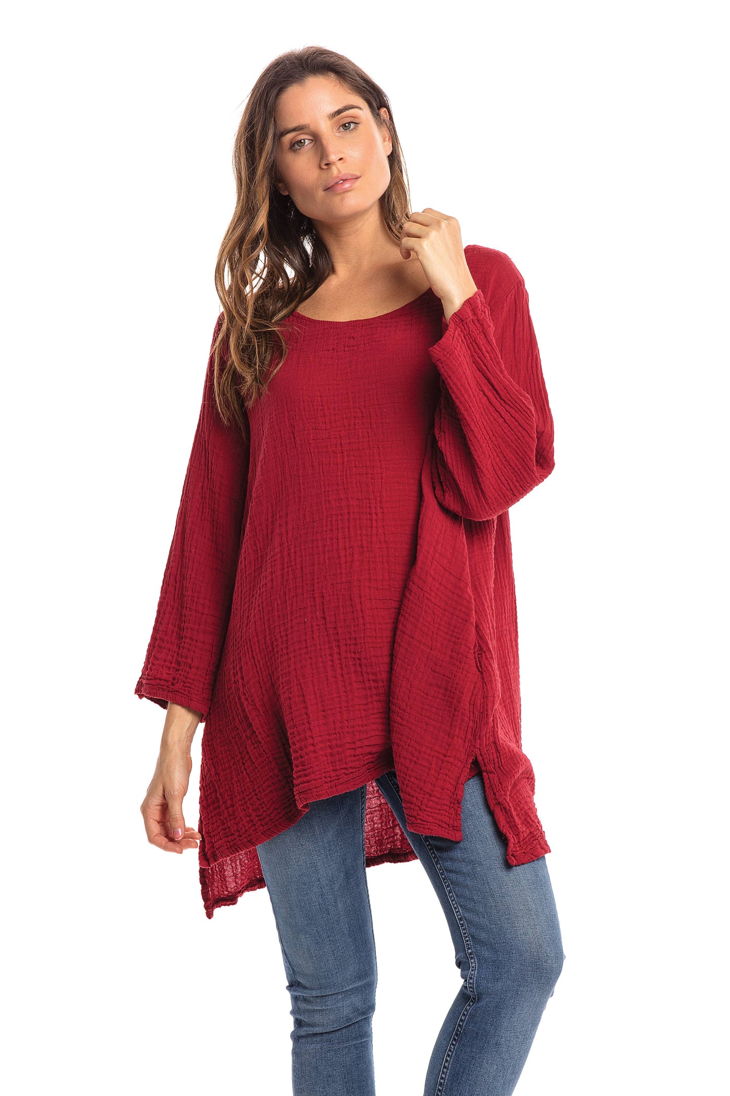 Crinkle Cotton Long Sleeve Tunic-03477 (S/M, L/X, XXL)