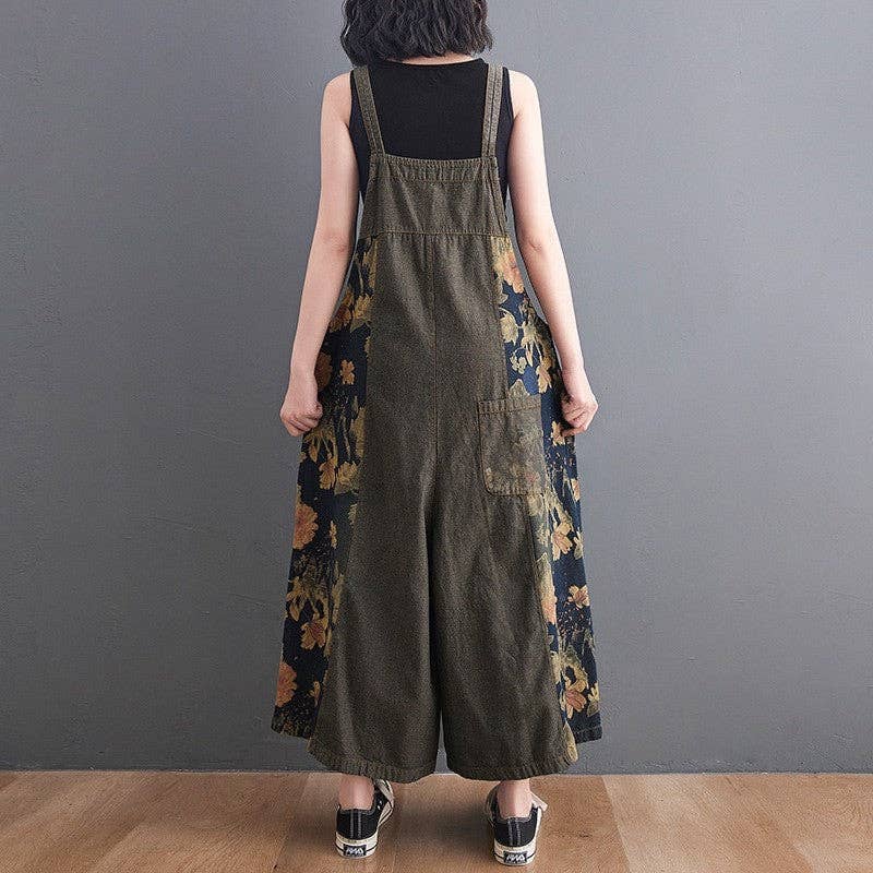 Denim Overall Jumpsuit With Floral Print