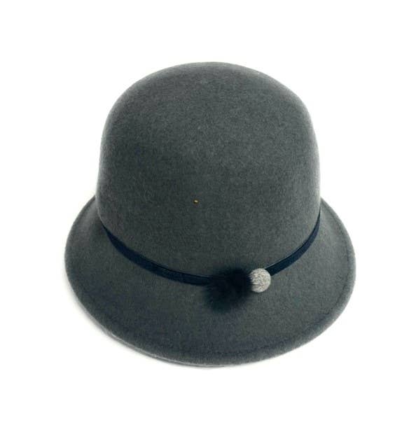 23S-0826 Wool Felt Cloche Hat with Fur/Button Accent
