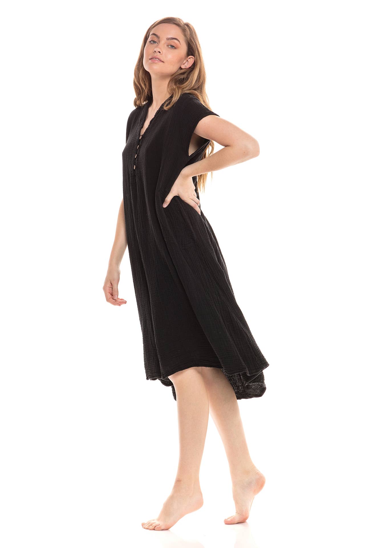 Crinkle Cotton Cap Sleeve V-Neck Dress-04498 (S/M, L/X)