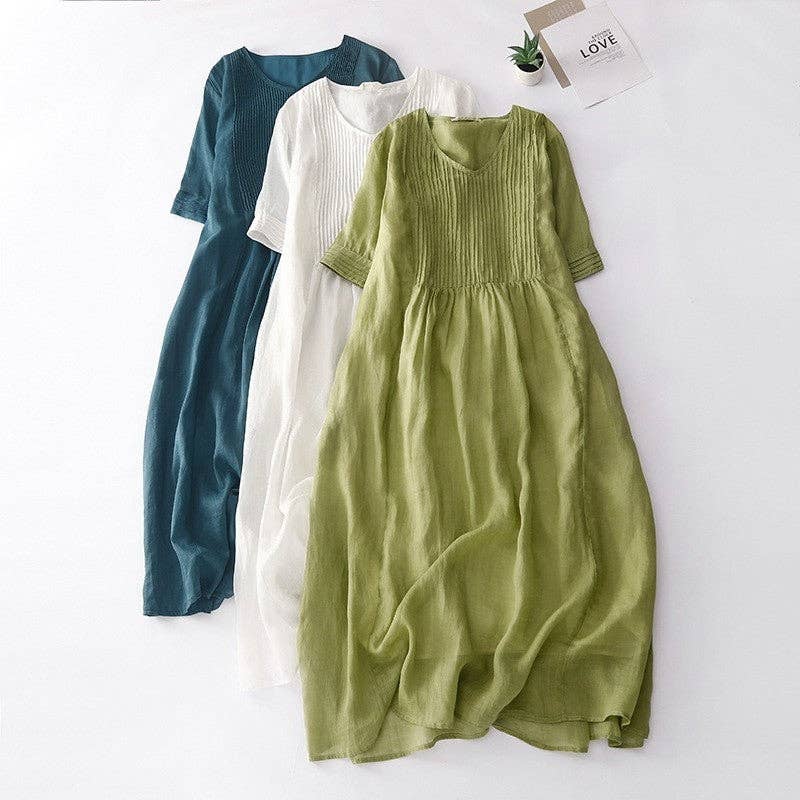Solid Color V-Neck Pleated Dress With Lining